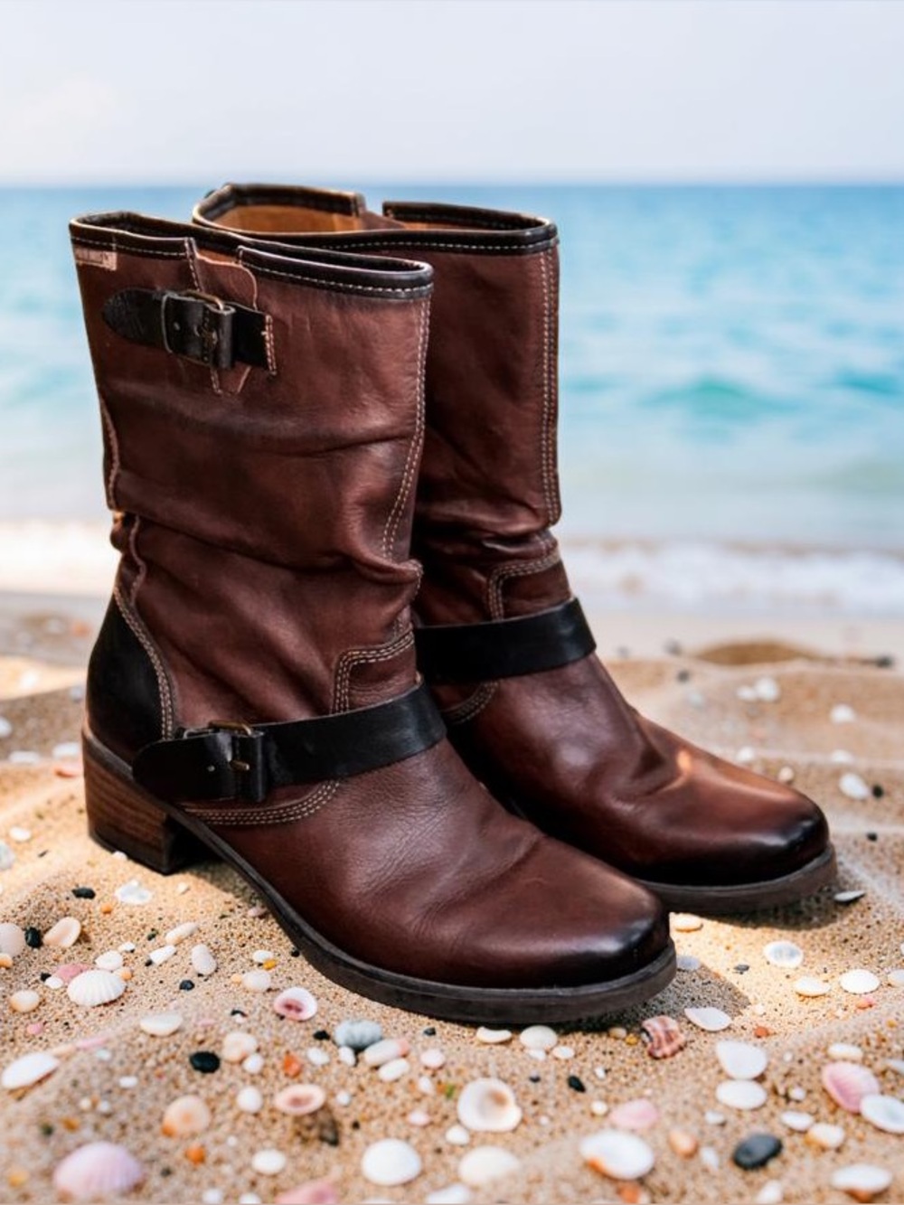 Pikolinos Le Mans Boots Mid Calf Slouch Leather Brown Buckle Womens Size 7 EU 37